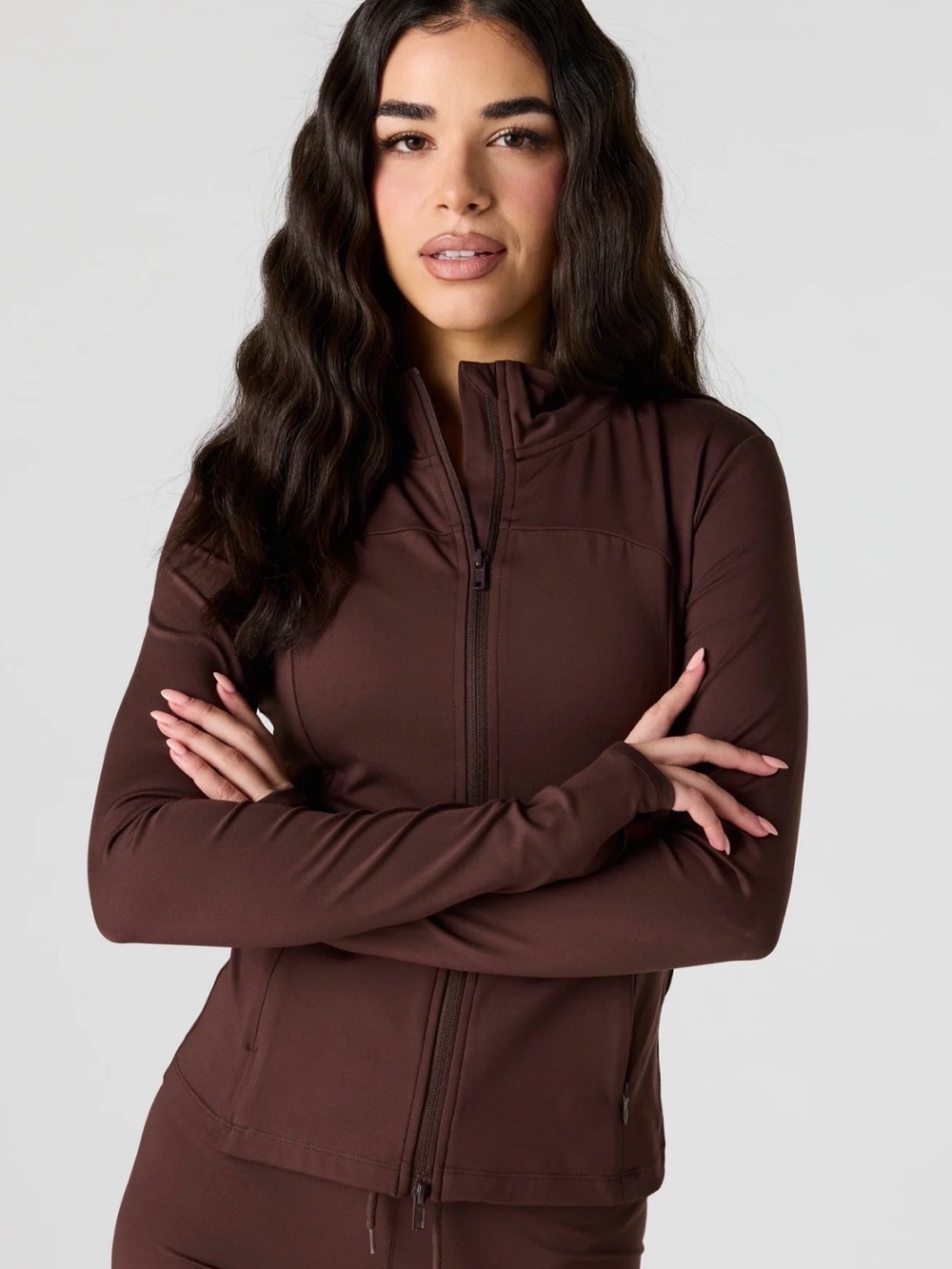 Danskin Chocolate Brown Zip Up Jacket Fitted Stretch Size S Fits M
